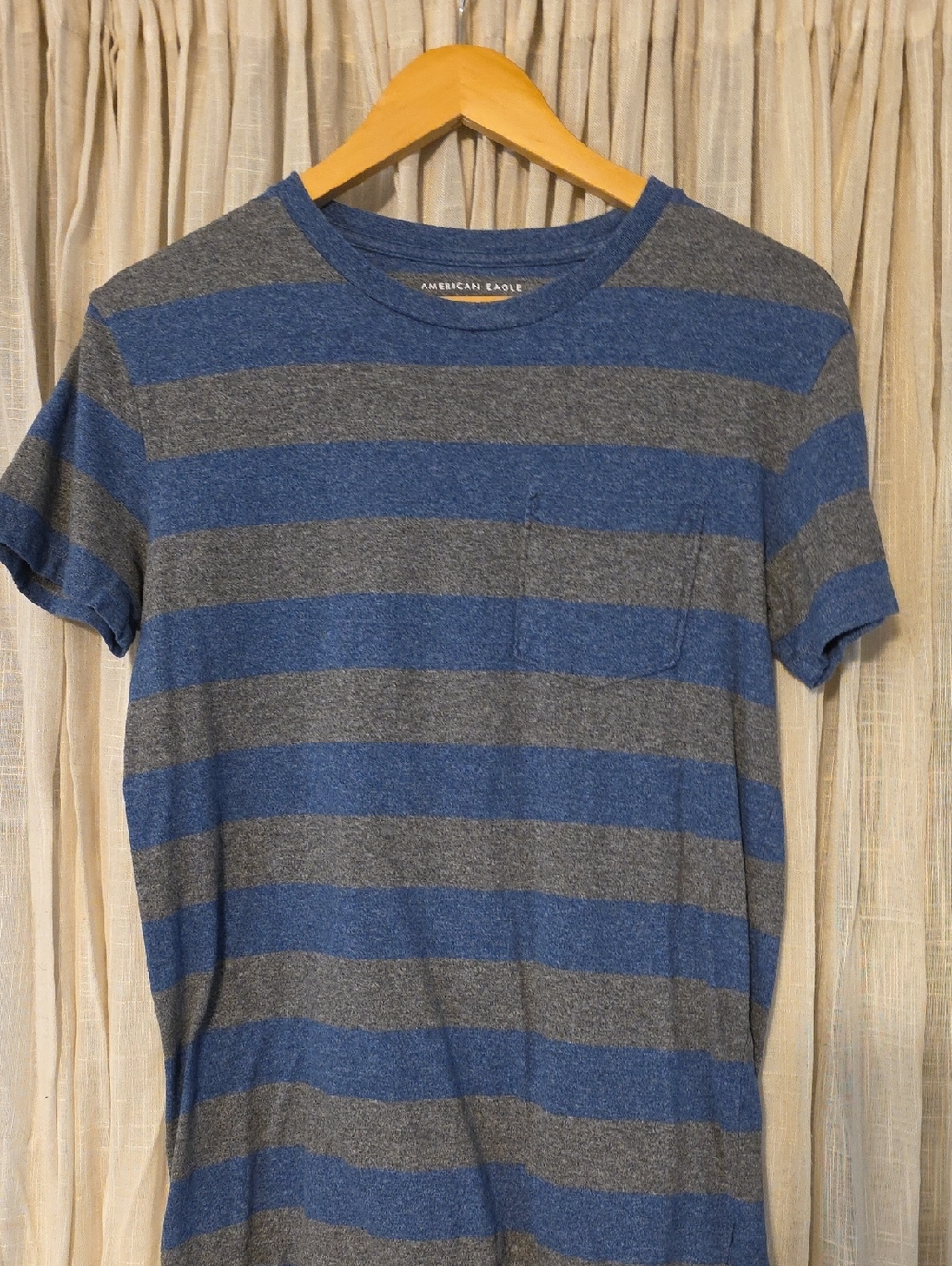 American Eagle Outfitters Blue and Gray Striped Short Sleeve Pocket Tee